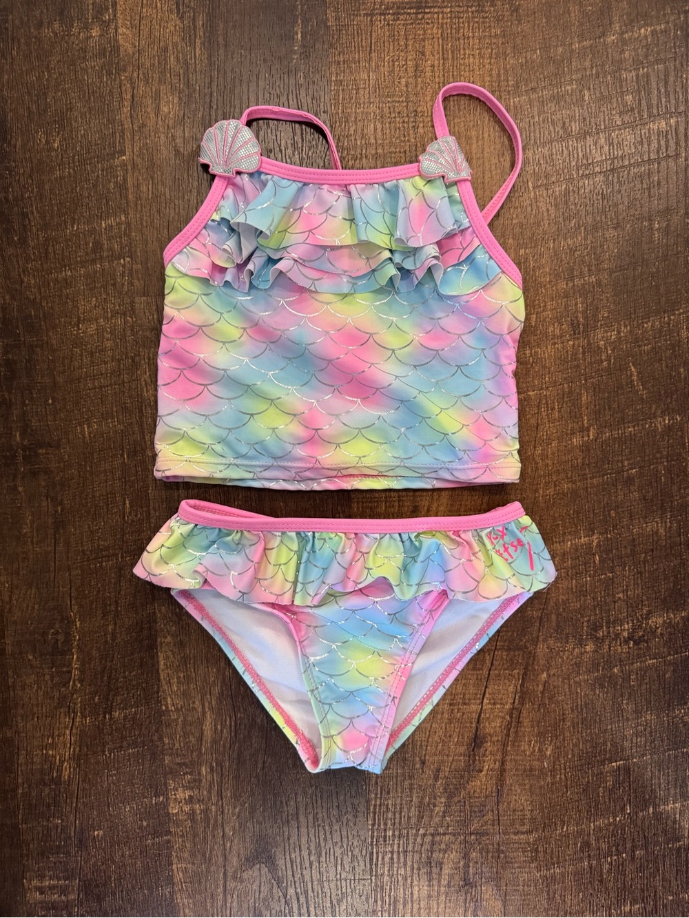 Betsey Johnson Girls' Pastel Rainbow Mermaid Ruffle Tankini - Pink Trim